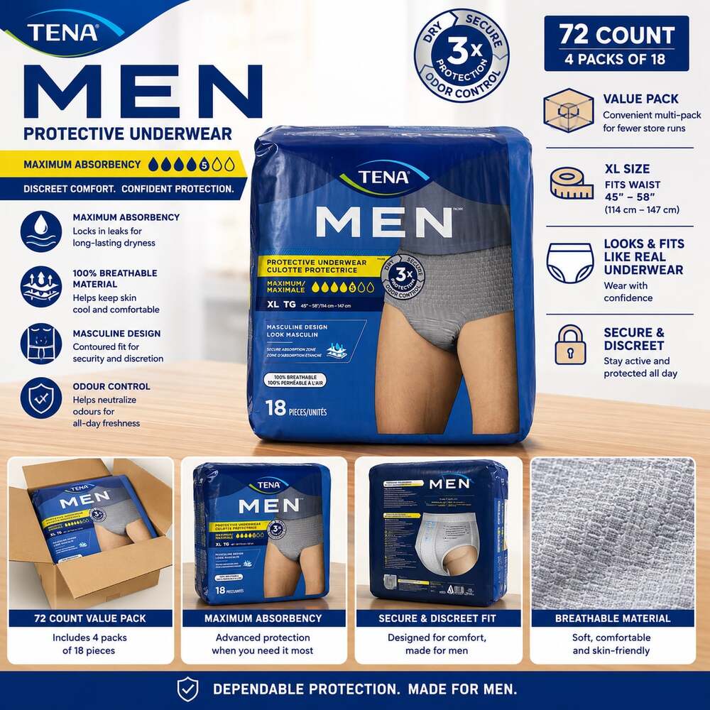 TENA Men Protective Underwear Maximum Absorbency, XL (45-58 inch waist), 72 Coun